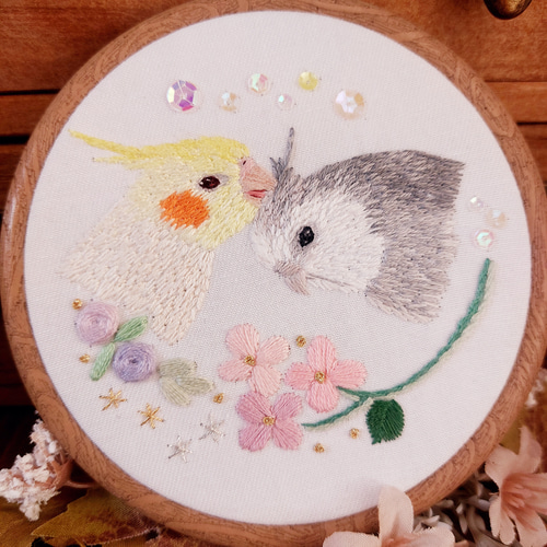 受注生産】『インコ刺繍‎◌ずっと一緒に…♡刺繍フレーム(大