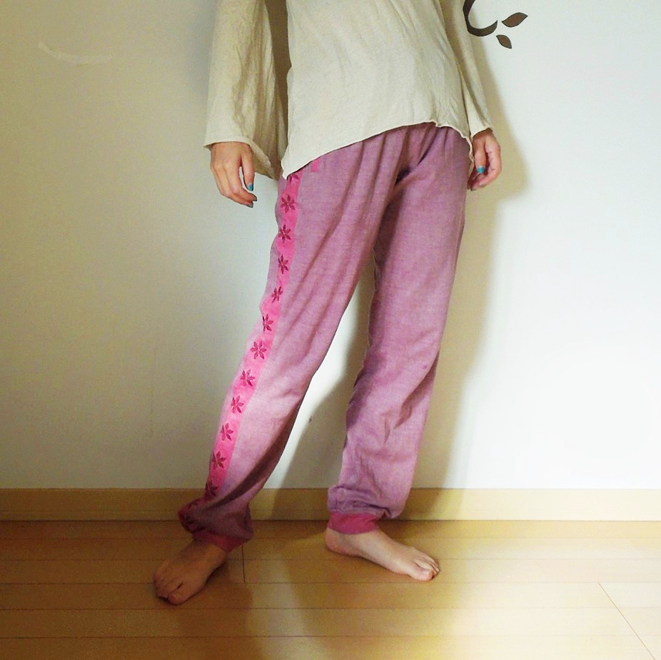 【SALE】ヘンプコットン 厚手 麻柄 ジャージ パンツ・草木染め●パープル