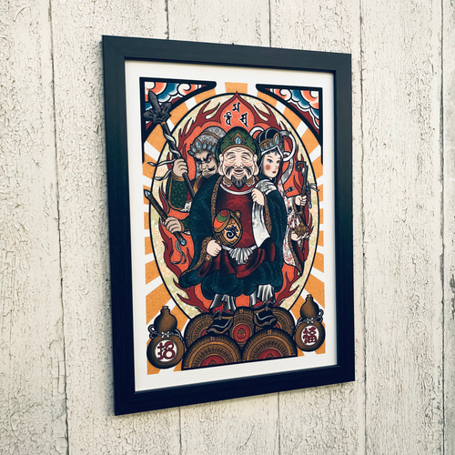 尾九 吉祥画 三面大黒天 A4サイズ 簡易フレーム付き イラスト bbqcomic