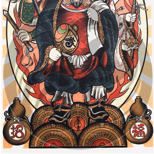 尾九 吉祥画 三面大黒天 A4サイズ 簡易フレーム付き イラスト