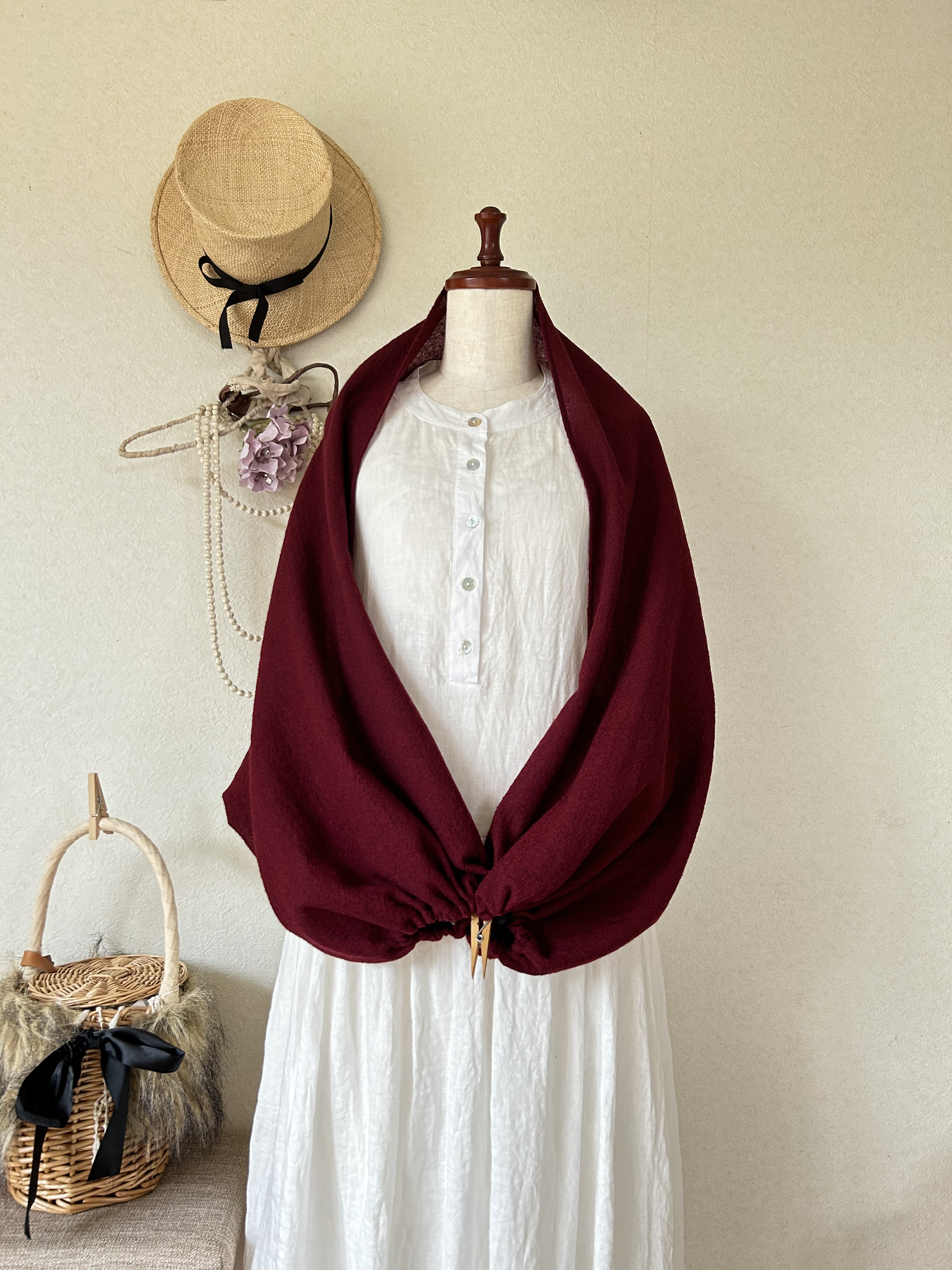 再販⭐️ウールガーゼ 100％⭐️3way ぽわんカーデ⭐️ワインレッド⭐️スヌード　羽織り