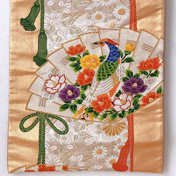 ≪超早割価格≫帯の掛け軸 扇 キジ 梅／タペストリー／壁掛け／飾り／帯リメイク／tapestry／obi／186 6枚目の画像