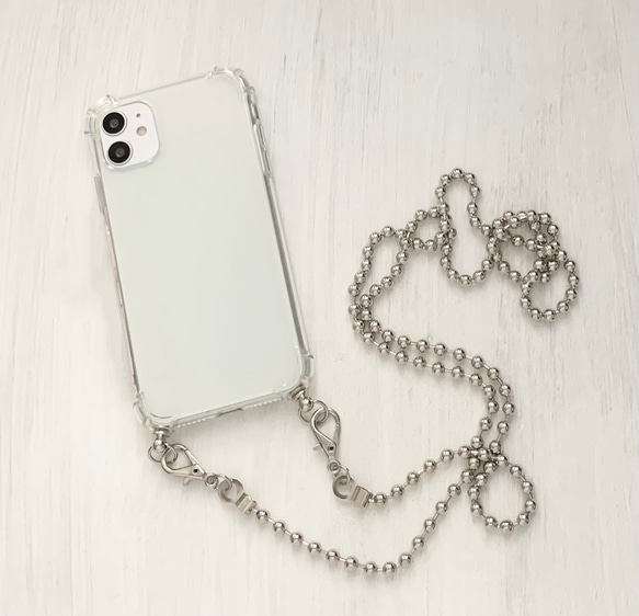 ボールチェーン スマホショルダー ゴールド シルバー　ストラップ クリアケース iPhoneケース ショルダーストラップ 1枚目の画像