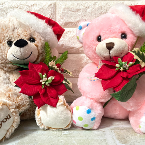 触り心地フワフワ サンタ帽をかぶったくまのぬいぐるみ ベージュ