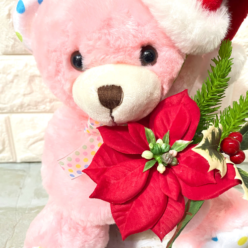 触り心地フワフワ サンタ帽をかぶったくまのぬいぐるみ ベージュ