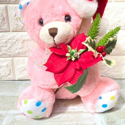 触り心地フワフワ サンタ帽をかぶったくまのぬいぐるみ ベージュ