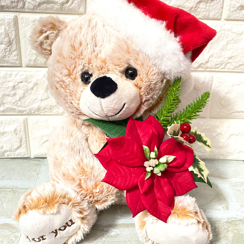 触り心地フワフワ サンタ帽をかぶったくまのぬいぐるみ ベージュ