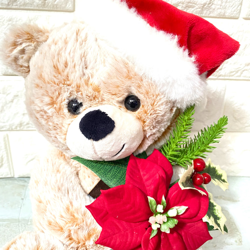 触り心地フワフワ サンタ帽をかぶったくまのぬいぐるみ ベージュ