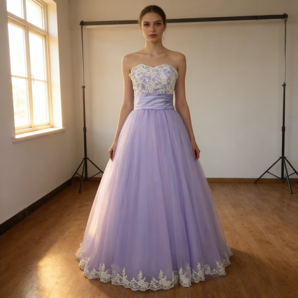 パープル/紫 カラードレス 3D立体レース刺繍 ベアトップ 挙式 ドレス