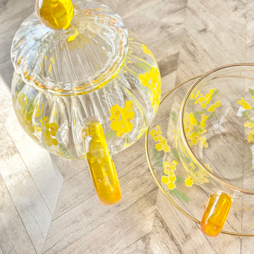 名入れギフト】ミモザの耐熱ガラスティーポット&ティーカップ