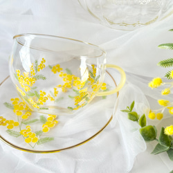 【名入れギフト】ミモザの耐熱ガラスティーポット&ティーカップ・ソーサーのSET 5枚目の画像