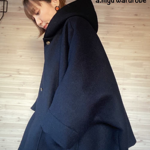 a.myu 高級イタリアwool 世界で一つのポンチョ ネイビー コート a.myu
