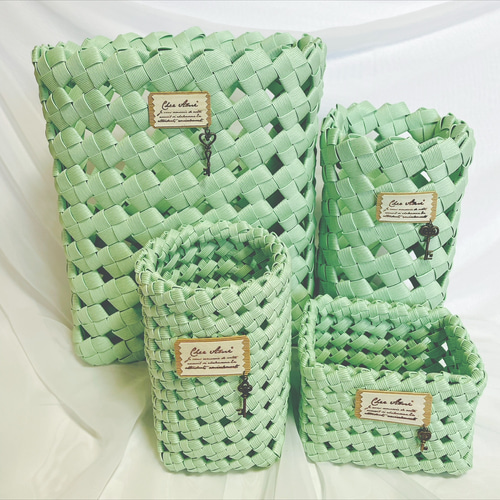 No.45 クラフトバンド ゴミ箱・小物入れ・かご・マスクケース 薄ピンクセット No.13 卓上ゴミ箱 クラフトバンド ダストボックス ピンク