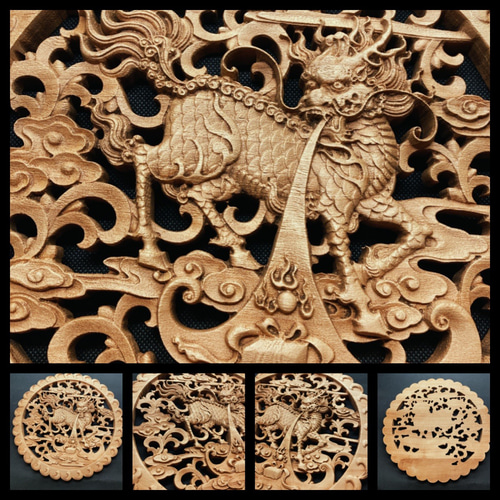 麒麟戯宝 26.5cm(きりん・財宝) 参次元彫刻『雅』 透かし彫 楠 麒麟戯宝 26.5cm(きりん・財宝) 参次元彫刻『雅』 透かし彫 楠