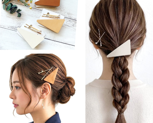 3点セット 】三角 レザー と ゴールドヘアピン / ヘアクリップ ヘア