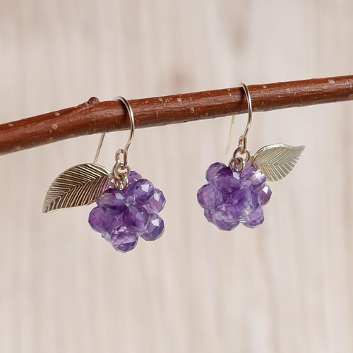 14KGF アメジストの紫陽花ピアス/イヤリング -紫 葡萄 紫陽花 