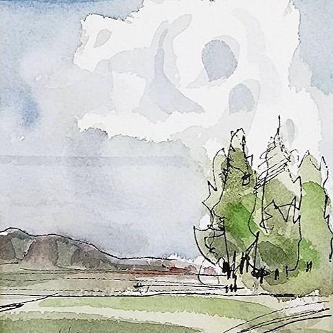 水彩画原画　常念岳と安曇野田園 無料発送 水彩画原画 （安曇野常念岳山麓（佐間田敏夫 常念岳と
