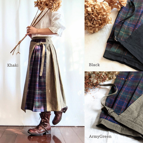 秋冬春の3シーズン、細見え巻きスカート（タックスカート）グリーン