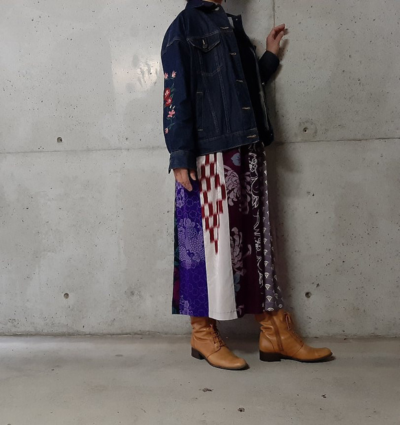 絹生地　ギャザースカート　ウエストゴム 普段着フリーサイズ 　着物リメイク　 5枚目の画像