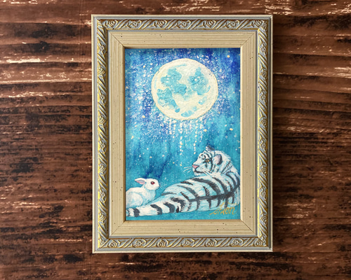 日本画 月と鳥の絵 青色と白色 星と月の日本画 原画 白寅とうさぎ 絵画 紫苑工房 通販 13019698