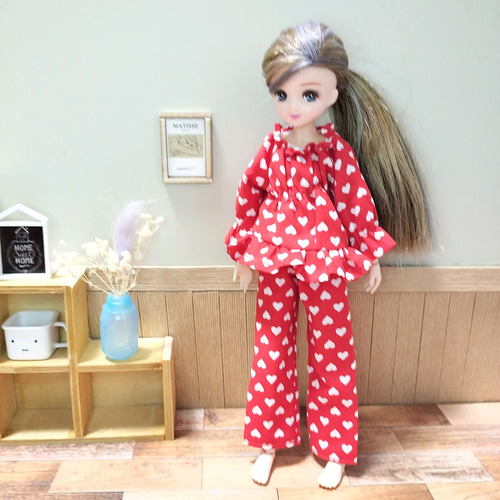 パジャマ上下セット ハート柄 赤 白 リカちゃん 服 フリル