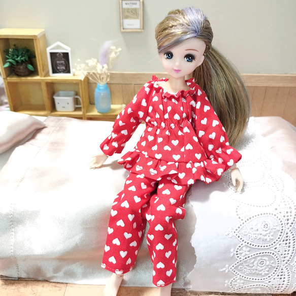 リカバリーパジャマ パジャマ上下セット ハート柄 赤 白 リカちゃん 服 フリル