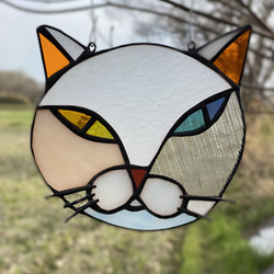 猫図鑑【白ネコ オッドアイ】《猫サンキャッチャー》ステンドグラス