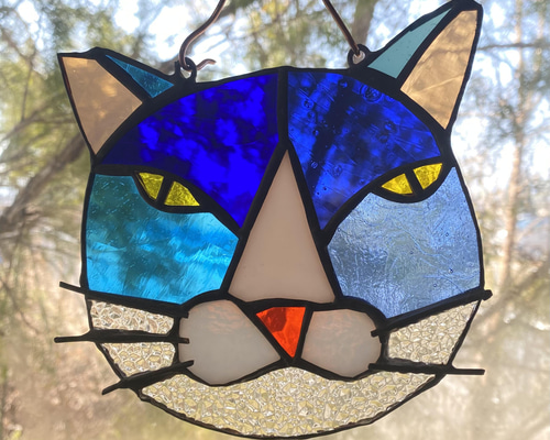 猫図鑑【ハチワレ青】《猫サンキャッチャー》ステンドグラス サン