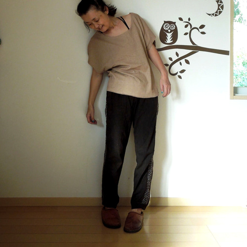 SALE】asana ヘンプコットン 刺し子 ジャージパンツ○草木染めカーキ  