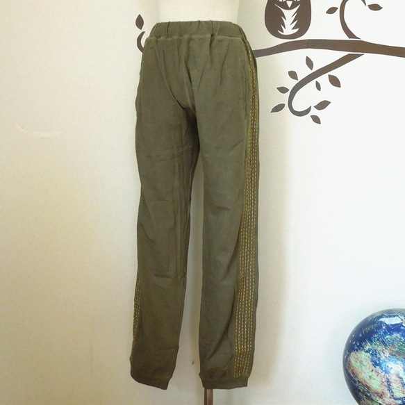 SALE】asana ヘンプコットン 刺し子 ジャージパンツ○草木染めカーキ  
