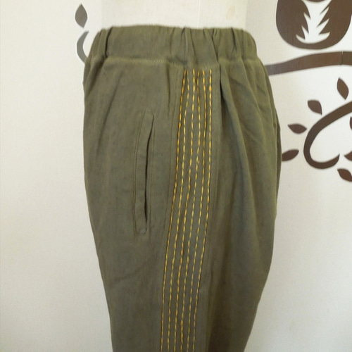SALE】asana ヘンプコットン 刺し子 ジャージパンツ○草木染めカーキ  