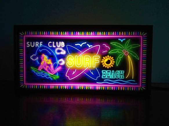 サーフィン ハワイ SURF CLUB ヤシの木 ビーチ 南国 サイン 看板 置物 雑貨 LED2wayライトBOX 1枚目の画像