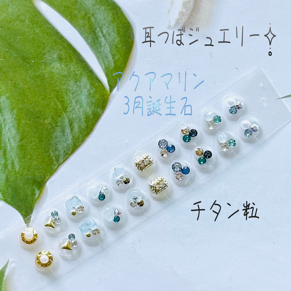 耳つぼジュエリー20粒✧̣̥̇天然石アクアマリン✧̣̥̇チタン粒