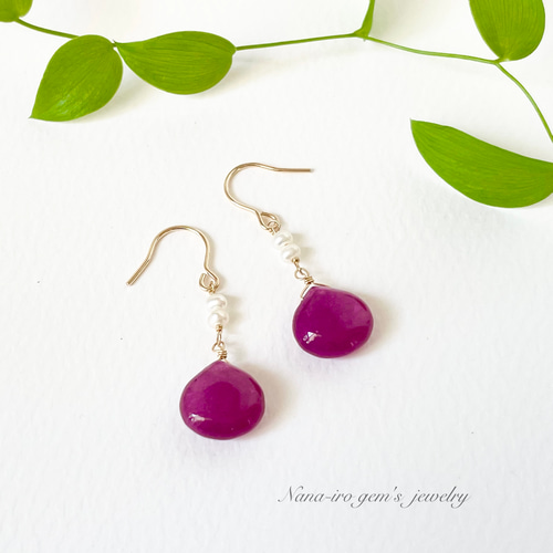 14kgf winered Jade × pearl pierce ピアス（フック・チェーン） Nana