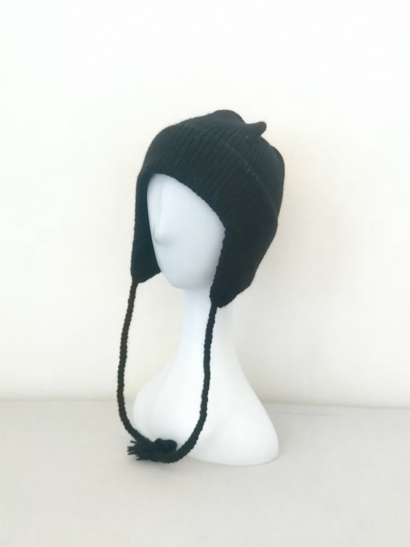 ブラック】ウール100%の毛糸使用☆しっかり防寒♪大人の耳あて帽子