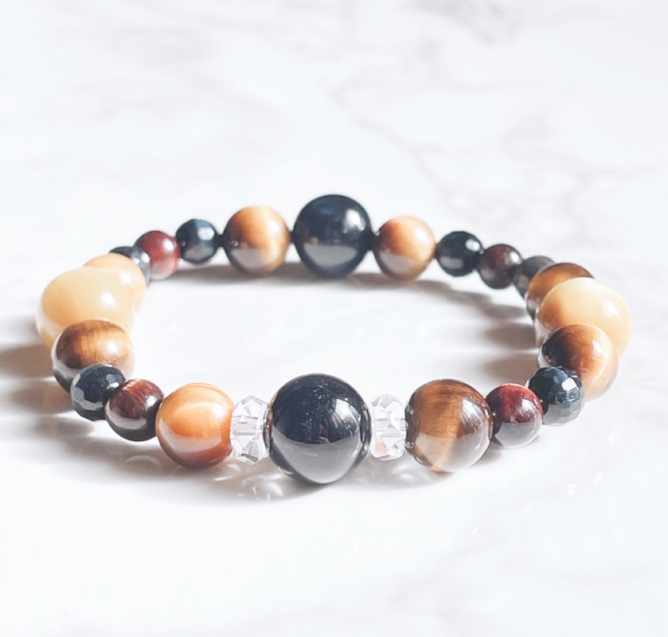 ✦意志を貫き前へ進む 天然石ブレスレット｜4種のタイガーアイ（虎目石）・水晶 No.401