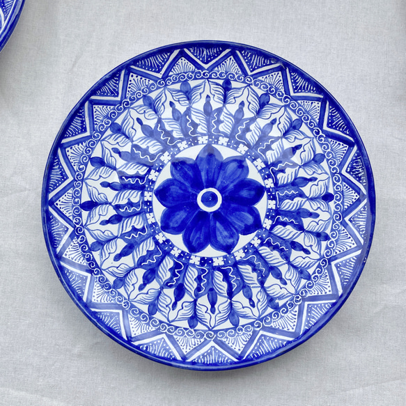 絵皿 20cm 中皿 GEO016 マヨリカ焼き イタリア陶器 青いお皿 幾何学
