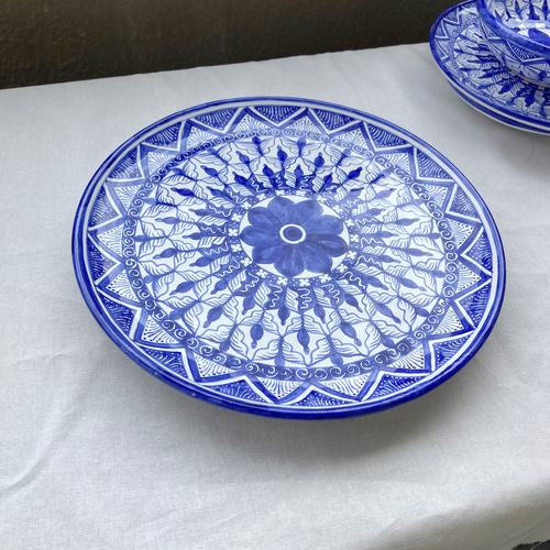絵皿 26cm 大皿 幾何学模様 マヨリカ焼き イタリア陶器 青いお皿 大皿