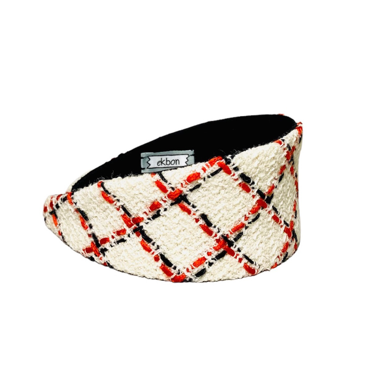 【カチューシャ ブリジット (幅広)】ツイード　チェック柄〈白地×赤×黒〉