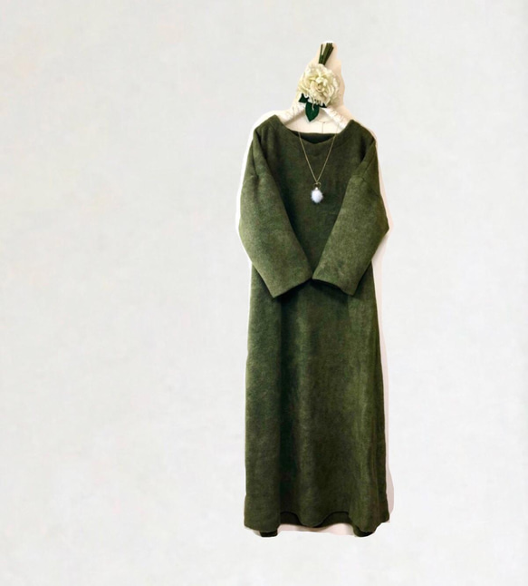 ＊ふんわりあったか メルトンフリース ロング丈ワンピース❄️着る毛布的暖かさ❄️身幅調整可❄️カーキグリーン 2枚目の画像