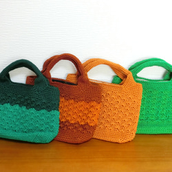 ちょっとお買い物！手編みミニトートバッグ松編み   グリーン 8枚目の画像