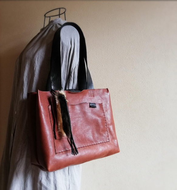 【T.I様オーダー品】ざっくりtote　ブラウン✗ブラック　オイルシュリンクレザー 15枚目の画像