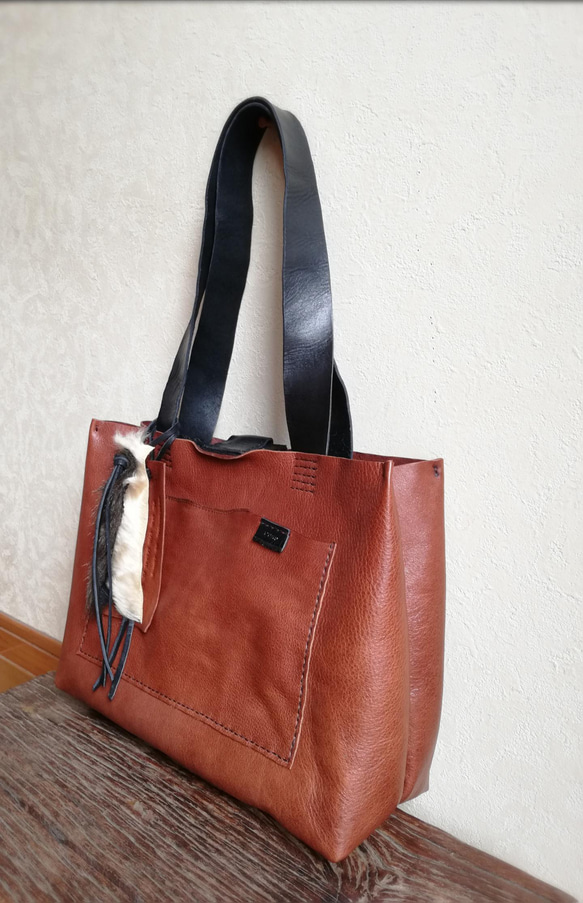 【T.I様オーダー品】ざっくりtote　ブラウン✗ブラック　オイルシュリンクレザー 3枚目の画像