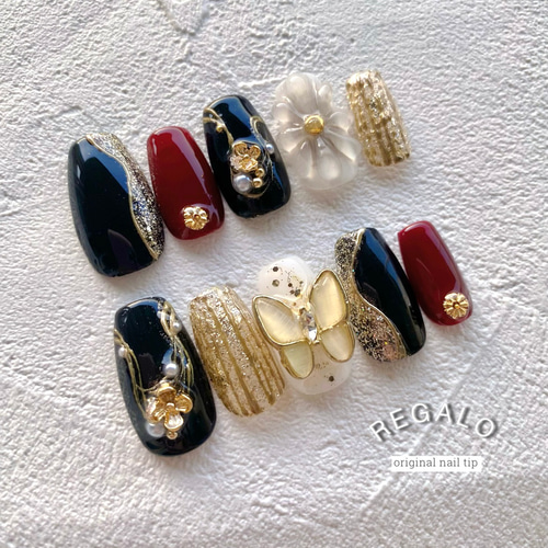 サイズオーダー制 成人式 卒業式 振袖 ネイルチップ 赤 ボルドー 黒