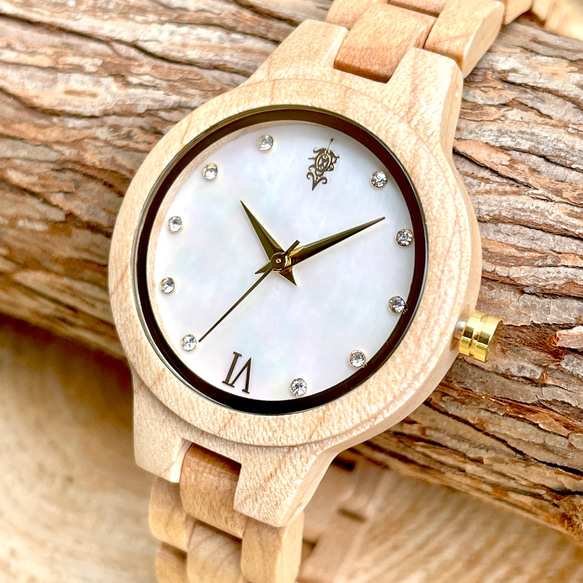 【木製腕時計】EINBAND Prima マザーオブパール×スワロフスキー メイプルウッド ホワイト文字盤 34mm 1枚目の画像