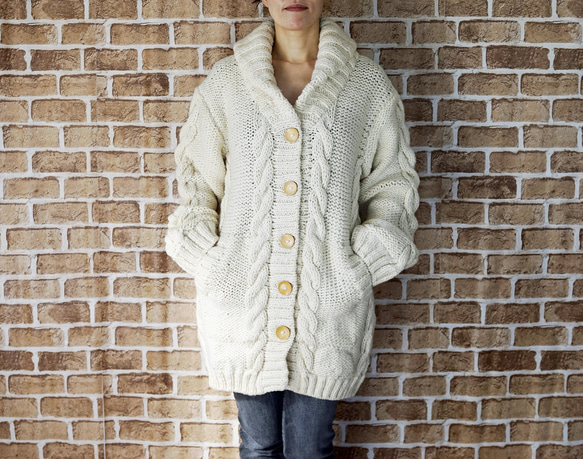 完売】ローゲージウール・へちま衿ロングカーディガン（NP-4016-白