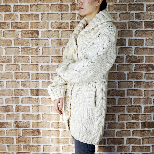 完売】ローゲージウール・へちま衿ロングカーディガン（NP-4016-白