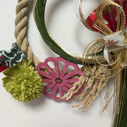 豪華なお正月飾り50cm しめ縄 水引 ダリア 獅子舞 羽子板はね