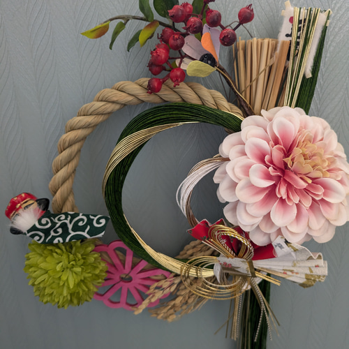 値下げ 豪華なお正月飾り50cm しめ縄 水引 ダリア 獅子舞 羽子板は