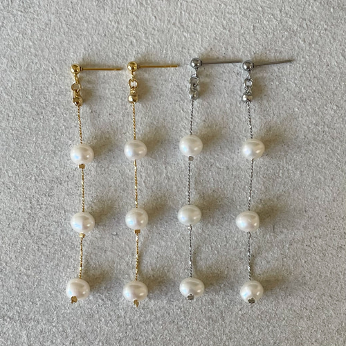 3連 淡水パール シルバーチェーン パール ロングピアス